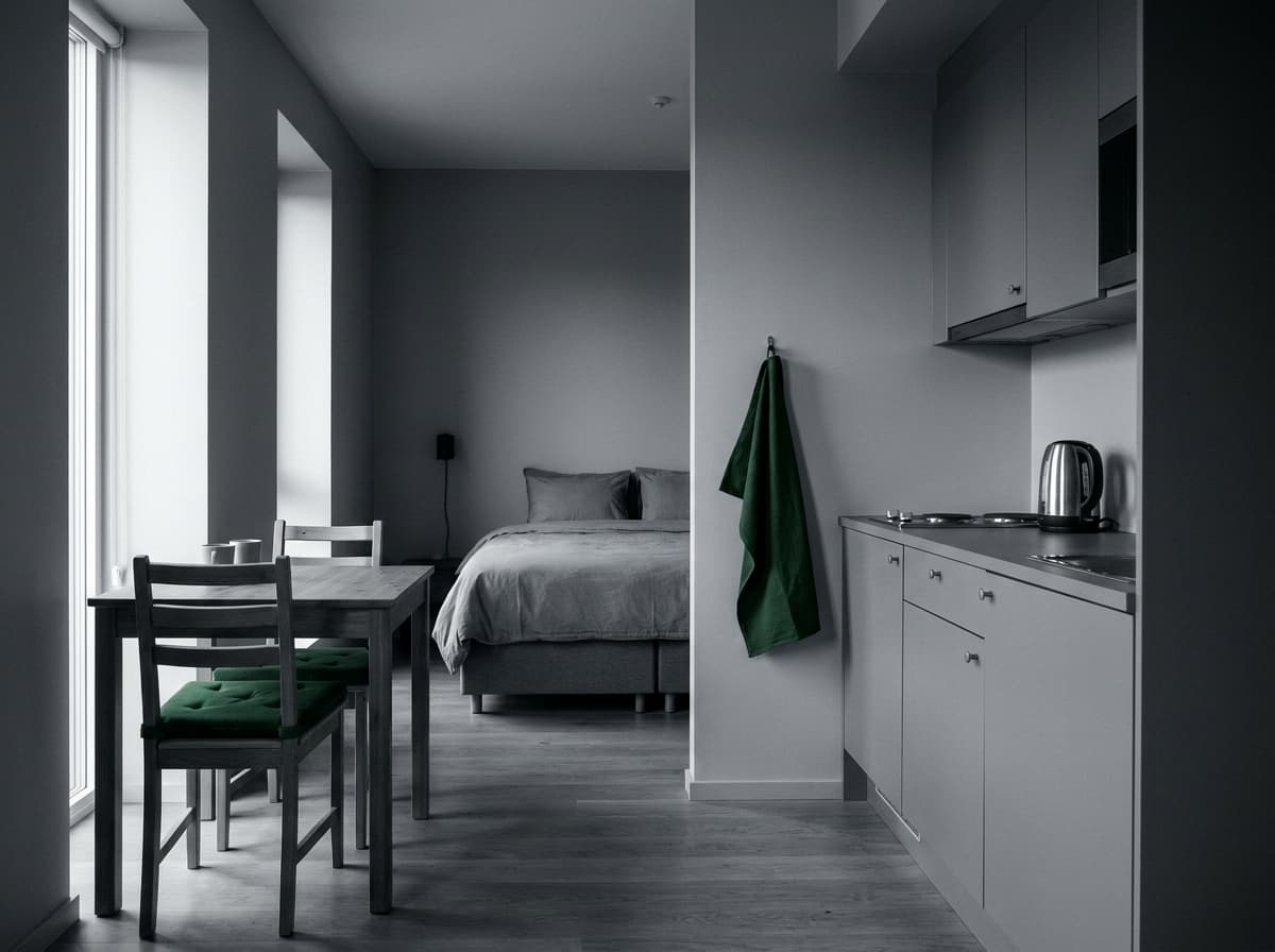 Self-Catering-Apartment im Hotel Jeong in Moers mit eigener Küchenzeile und Ess- und Schlafbereich